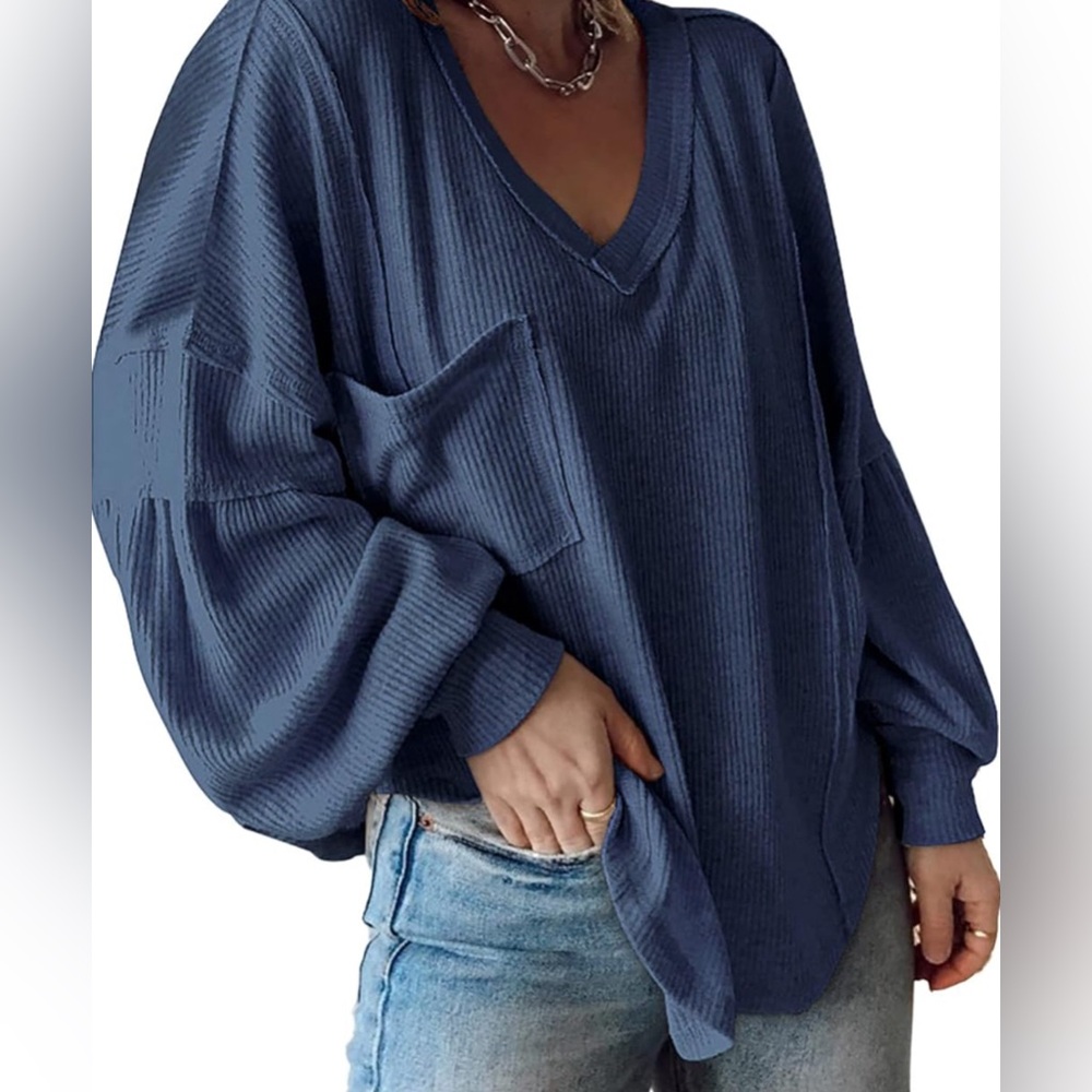 BTFBM Casual V Neck Ribbed Knitted Pullover Tunic Loose Balloon Sleeve Size M